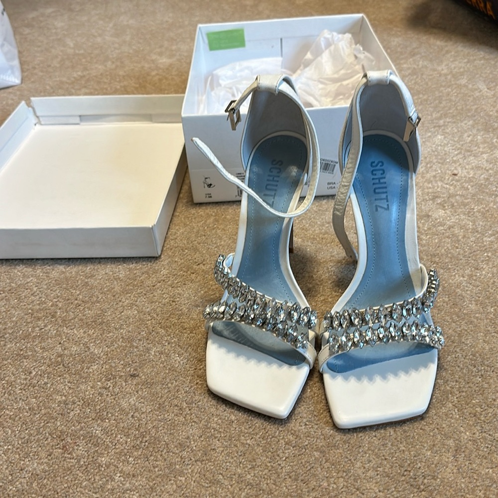 SCHUTZ White Crystal Embellished Ankle Strap Heels